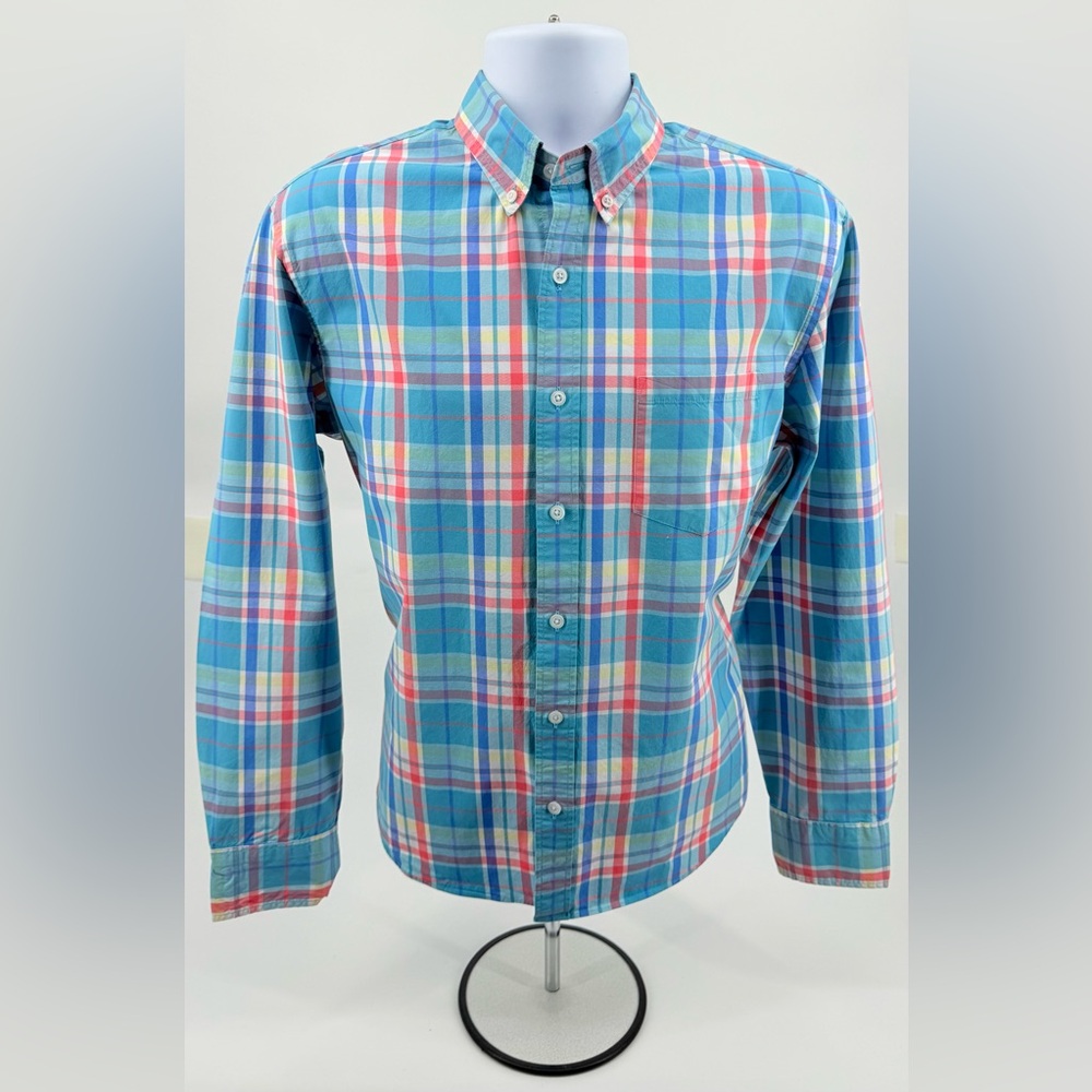 J Crew “Flex Washed” Slim Untucked Aqua Plaid Button Down LS Shirt Men’s Large L